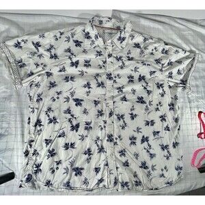 pd&c Men's 3X Short Sleeve Button Up Shirt White Blue Palm Floral Cotton Casual